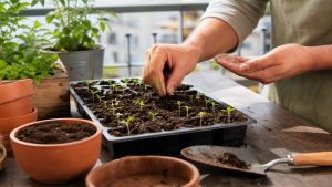 Semillero en casa con plantas jóvenes creciendo en una bandeja