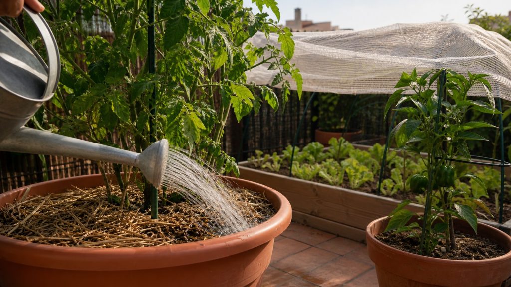 Cuidados del huerto en junio con riego, acolchado y protección solar