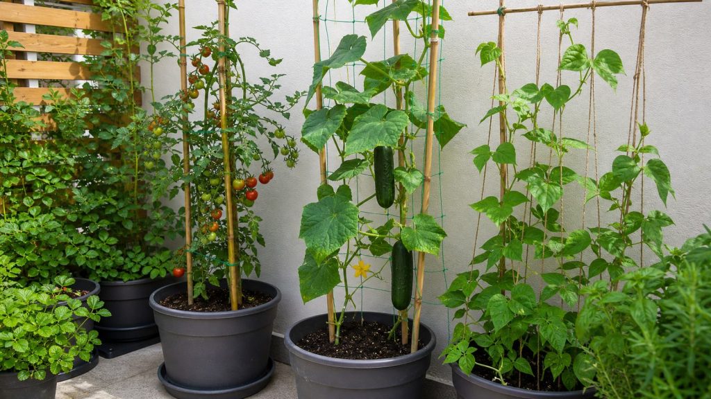 Cultivo vertical con tutores en un huerto en casa