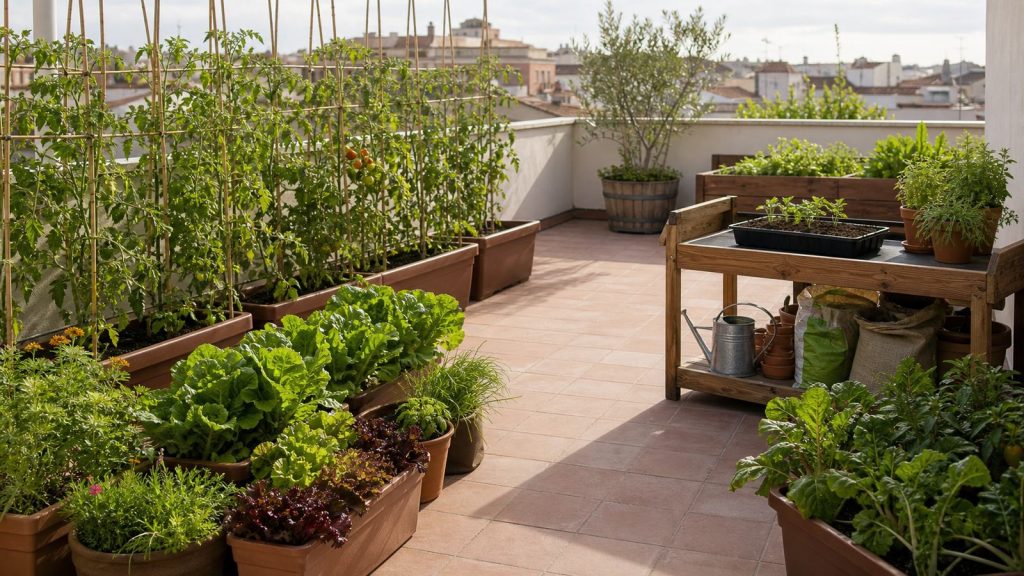 Distribución de plantas y recipientes en un huerto en terraza