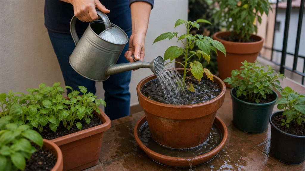 Exceso de riego en una planta de huerto en maceta