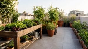Huerto en terraza organizado con macetas y mesa de cultivo