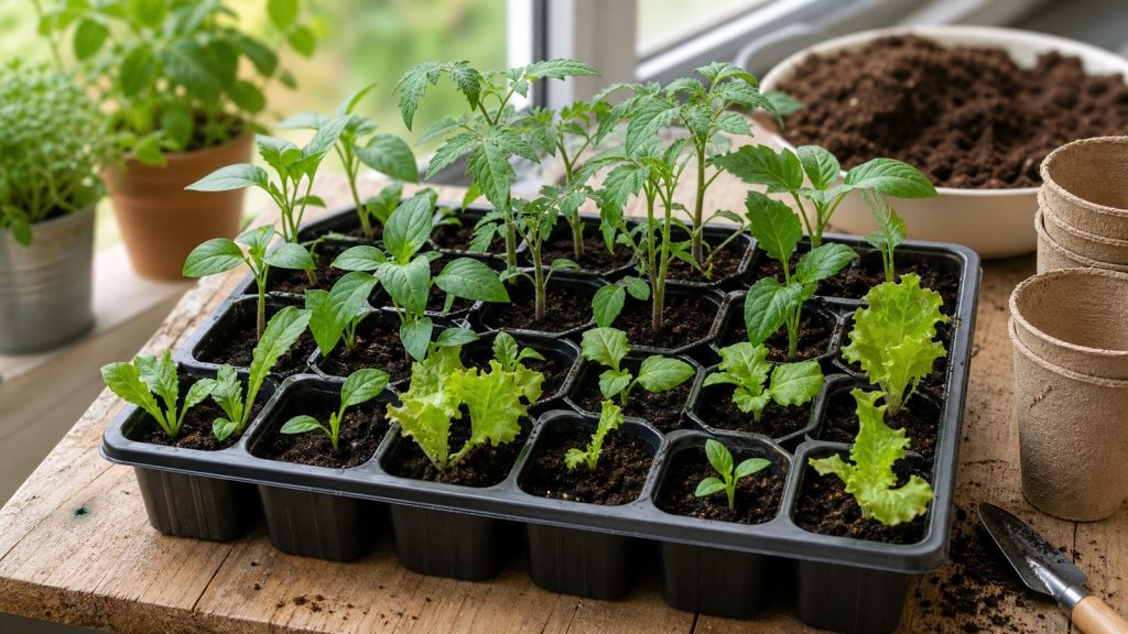 Plantas jóvenes de semillero listas para trasplantar
