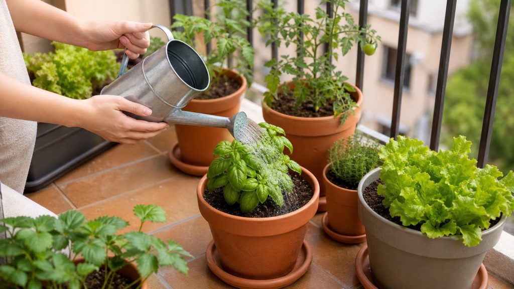 Riego de plantas en un huerto de balcón con regadera