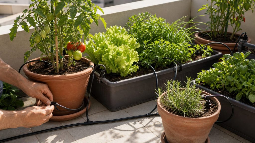 Sistema de riego por goteo para macetas en una terraza