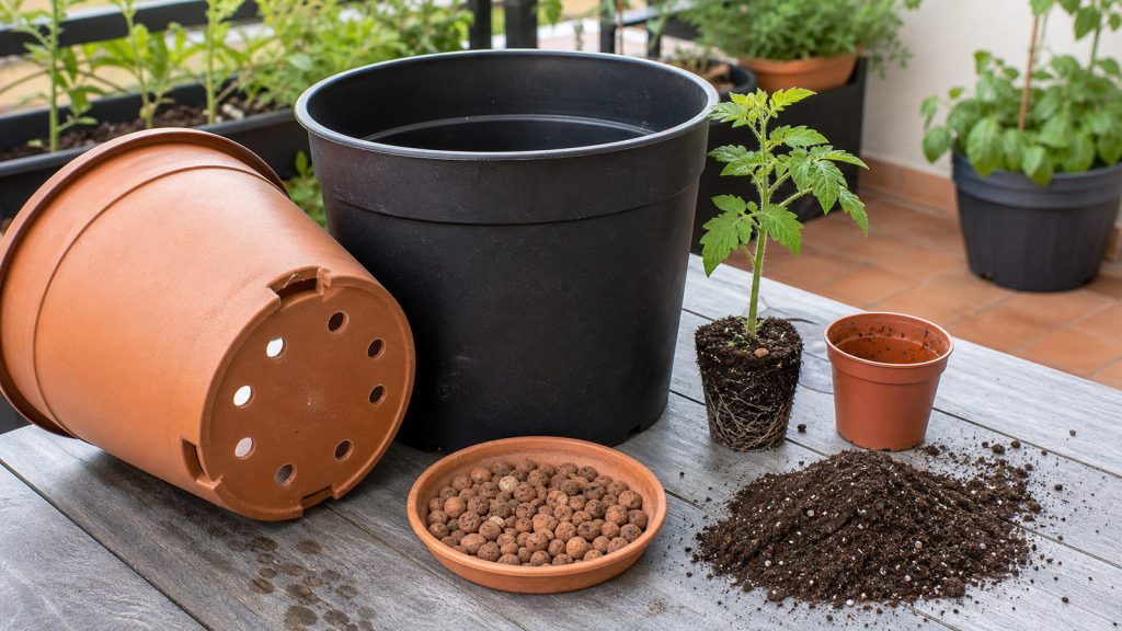 Agujeros de drenaje y tamaños de macetas para cultivar hortalizas